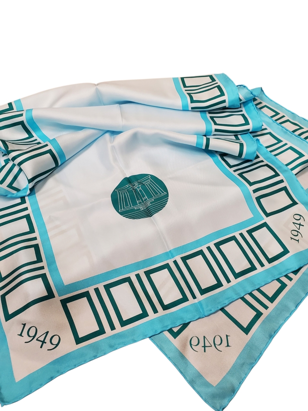 Vntg 100% Silk Scarf Geometric MCM Space Age 1949 Graphic Turquoise Blue. Korea - Picture 2 of 10